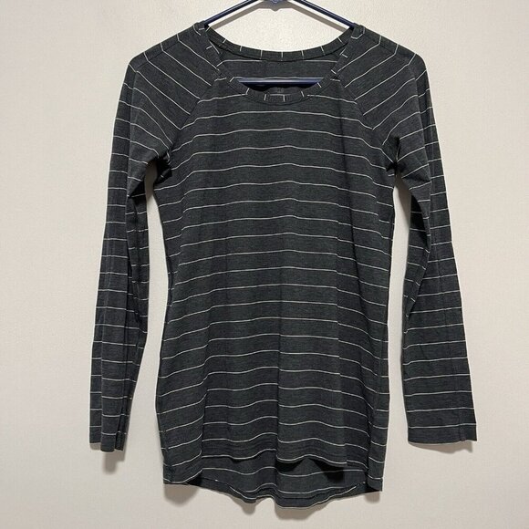 Lululemon Emerald Long Sleeve Short Serve Stripe Heathered Black White - Picture 3 of 5